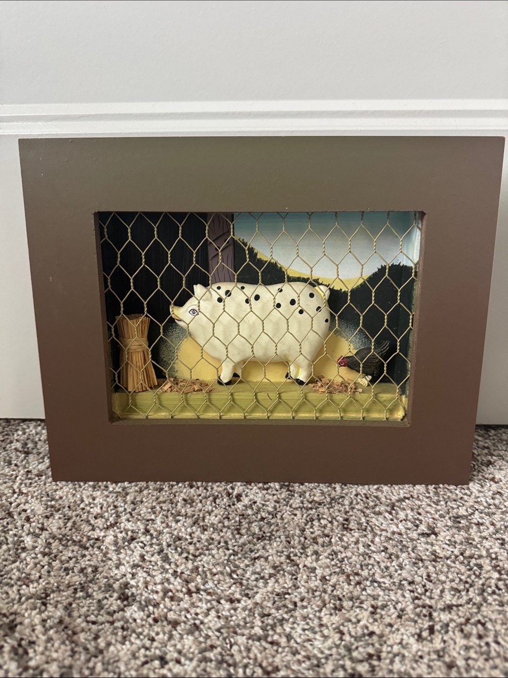 Brown Farmhouse Shadow Box Frame with Pig Accent